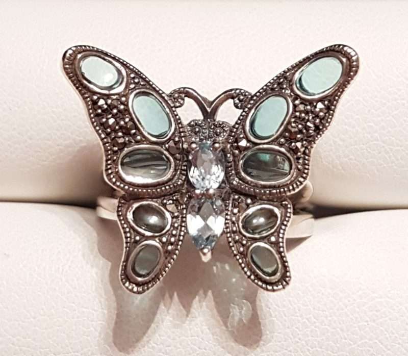 Sterling Silver Marcasite Blue Enamel and Topaz Butterfly Ring