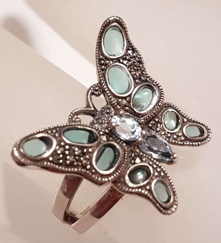 Sterling Silver Marcasite Blue Enamel and Topaz Butterfly Ring