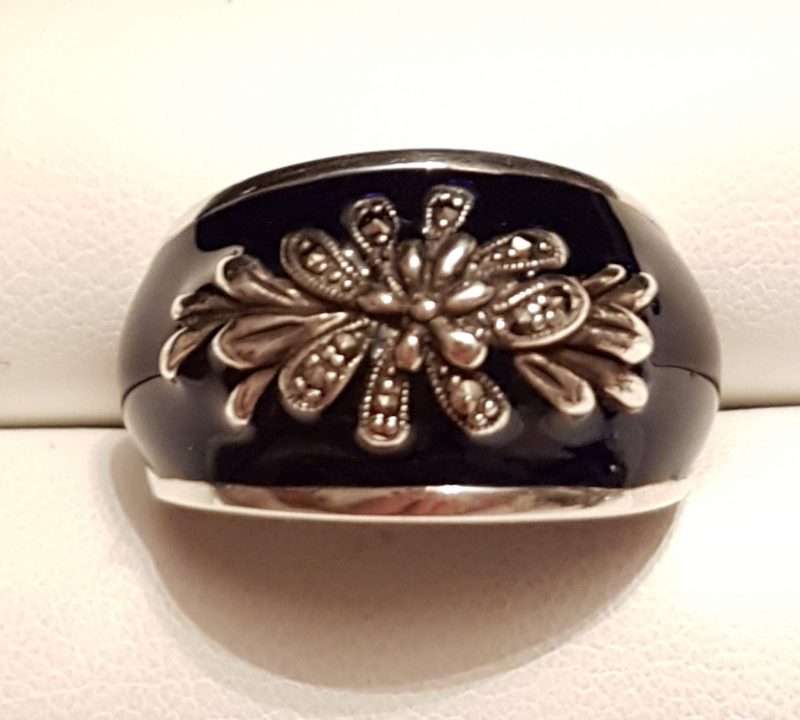 Sterling Silver Marcasite Wide Ornate Royal Navy Blue Enamel Ring
