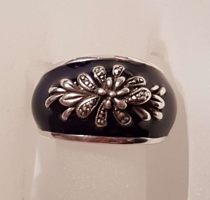 Sterling Silver Marcasite Wide Ornate Royal Navy Blue Enamel Ring
