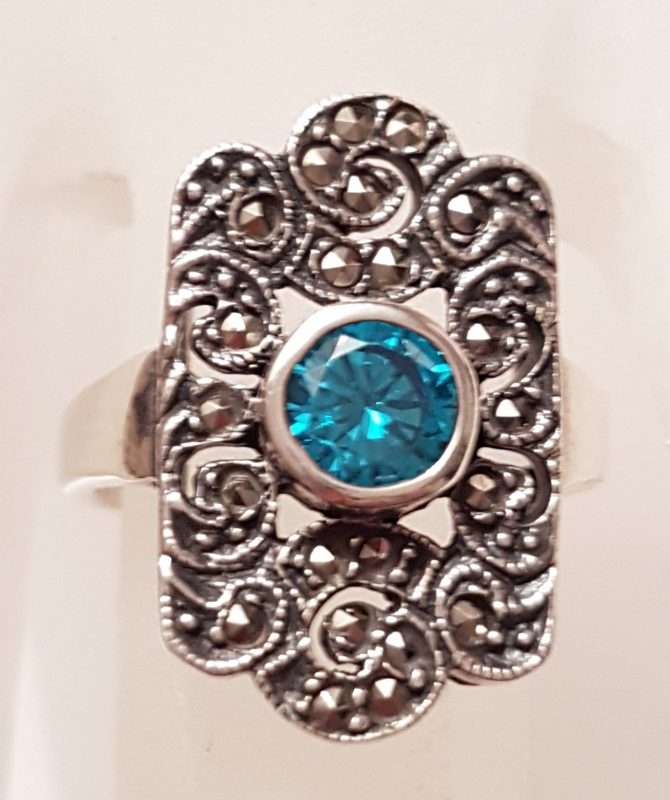 Sterling Silver Marcasite Ornate Blue Topaz Ring