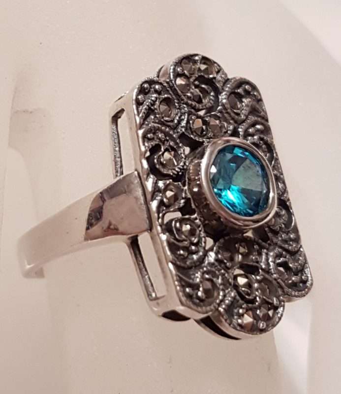 Sterling Silver Marcasite Ornate Blue Topaz Ring