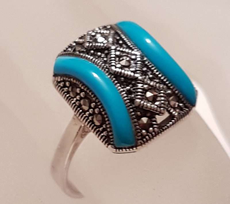 Sterling Silver Marcasite Blue Recon. Turquoise Rectangular Ring - Art Deco Style