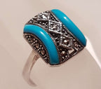Sterling Silver Marcasite Blue Recon. Turquoise Rectangular Ring - Art Deco Style