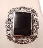 Sterling Silver Marcasite &amp; Onyx Very Large Rectangular Ornate Filigree Ring