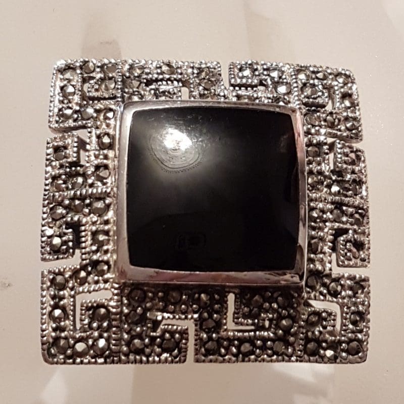 Sterling Silver Marcasite and Onyx Very Large Square Greek Key Design Ring