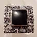 Sterling Silver Marcasite and Onyx Very Large Square Greek Key Design Ring