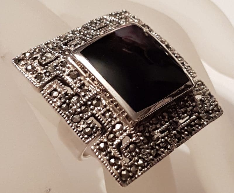 Sterling Silver Marcasite and Onyx Very Large Square Greek Key Design Ring