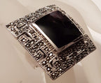 Sterling Silver Marcasite and Onyx Very Large Square Greek Key Design Ring