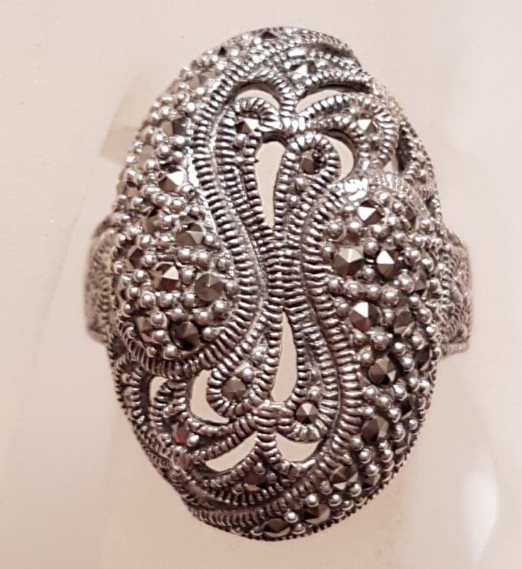 Sterling Silver Marcasite Large Oval Ornate Filigree Ring