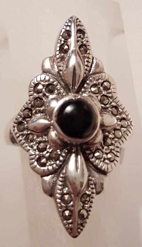Sterling Silver Marcasite &amp; Onyx Ornate Long Elongated Ring