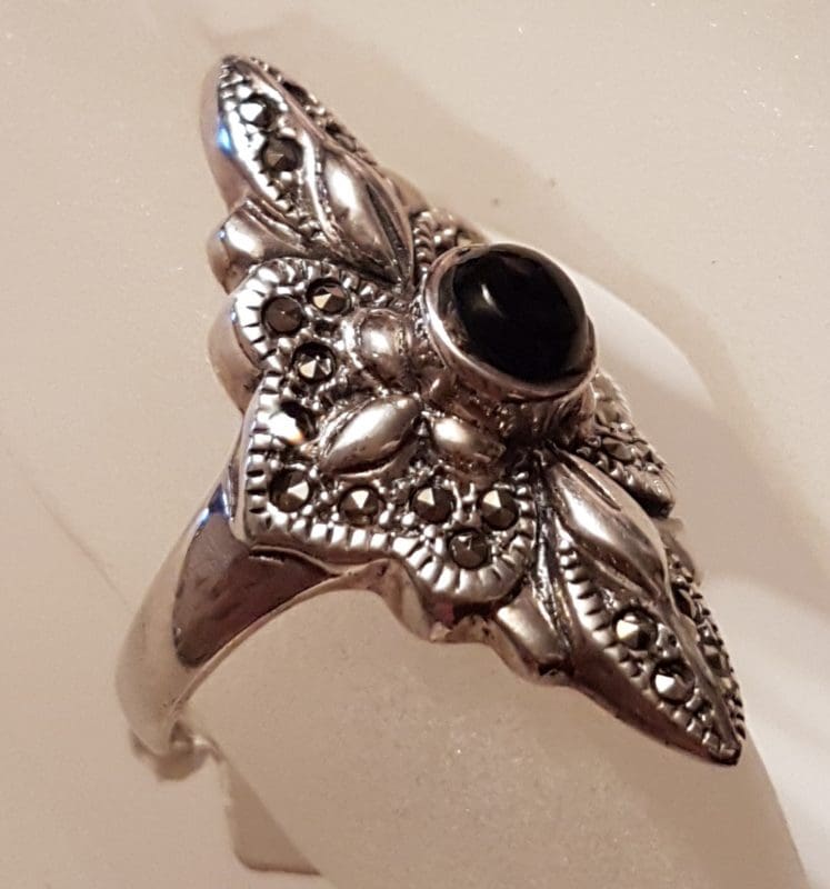 Sterling Silver Marcasite &amp; Onyx Ornate Long Elongated Ring