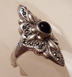Sterling Silver Marcasite &amp; Onyx Ornate Long Elongated Ring