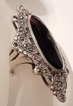 Sterling Silver Marcasite &amp; Onyx Very Big and Long Oval in Ornate Marquis Shape Ring - Stunning!