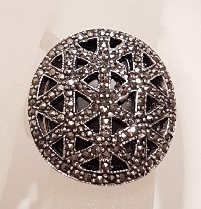 Sterling Silver Marcasite &amp; Onyx Large Ornate Round Ring