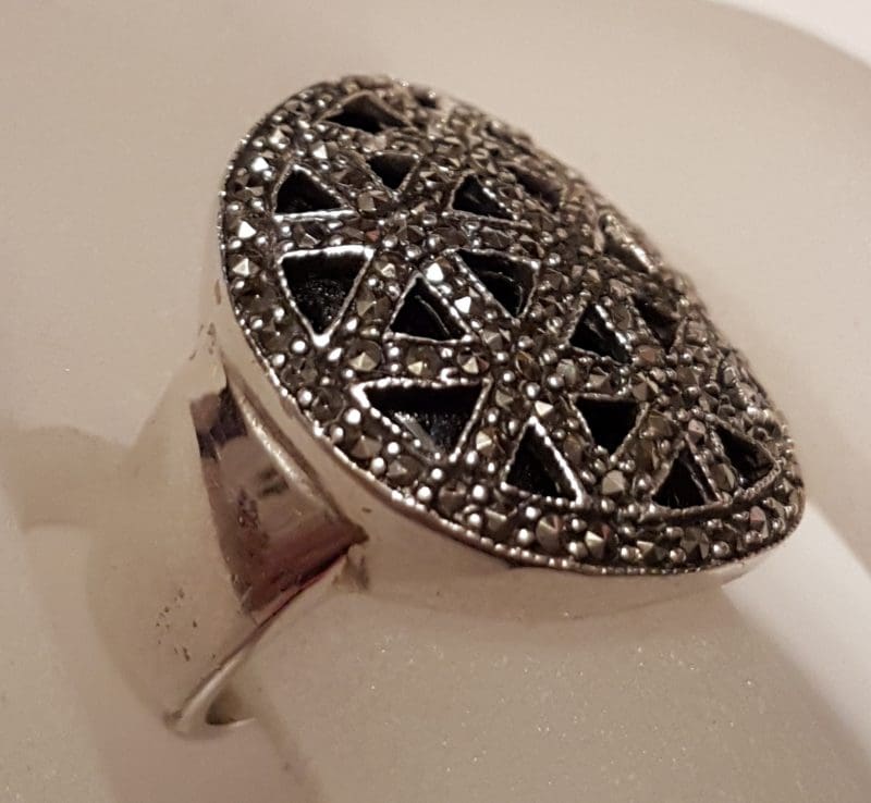 Sterling Silver Marcasite &amp; Onyx Large Ornate Round Ring