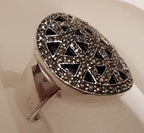 Sterling Silver Marcasite &amp; Onyx Large Ornate Round Ring