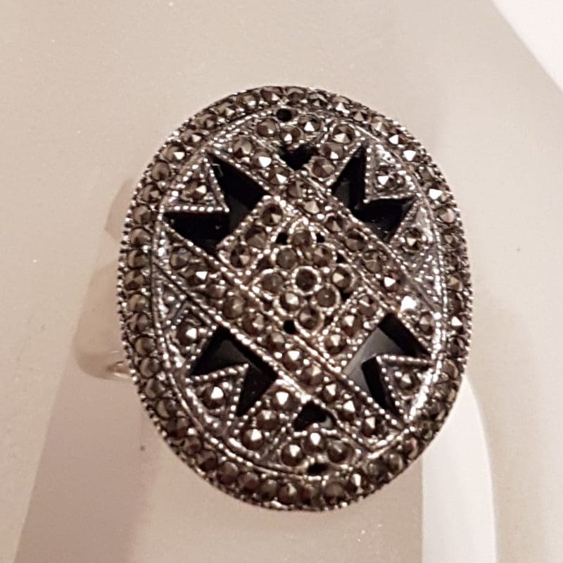 Sterling Silver Marcasite &amp; Onyx Large Ornate Oval Ring