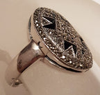 Sterling Silver Marcasite &amp; Onyx Large Ornate Oval Ring