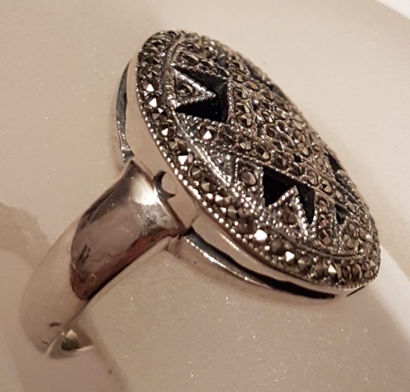 Sterling Silver Marcasite &amp; Onyx Large Ornate Oval Ring