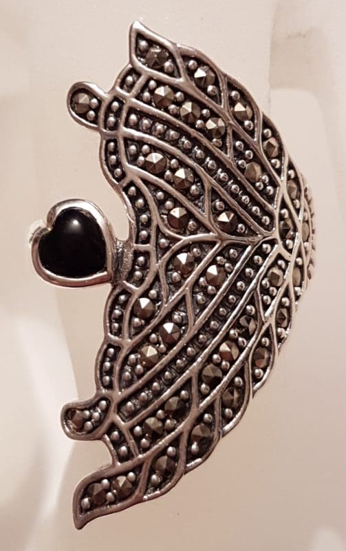 Sterling Silver Marcasite &amp; Onyx Long Heart / Leaf Ring