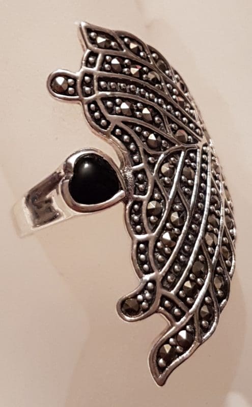 Sterling Silver Marcasite &amp; Onyx Long Heart / Leaf Ring