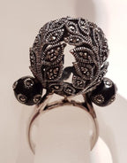 Sterling Silver Marcasite &amp; Onyx Ornate Filigree Large Ball Ring - Black Enamel
