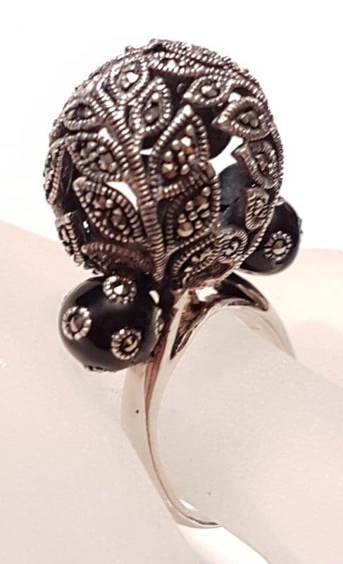 Sterling Silver Marcasite &amp; Onyx Ornate Filigree Large Ball Ring - Black Enamel