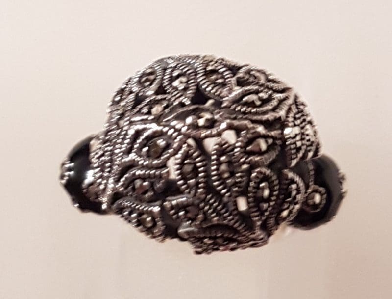 Sterling Silver Marcasite &amp; Onyx Ornate Filigree Large Ball Ring - Black Enamel