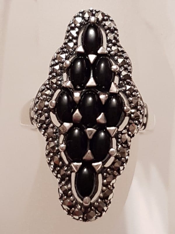 Sterling Silver Marcasite &amp; Onyx Long Marquis Shape Cluster Ring