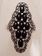 Sterling Silver Marcasite &amp; Onyx Long Marquis Shape Cluster Ring