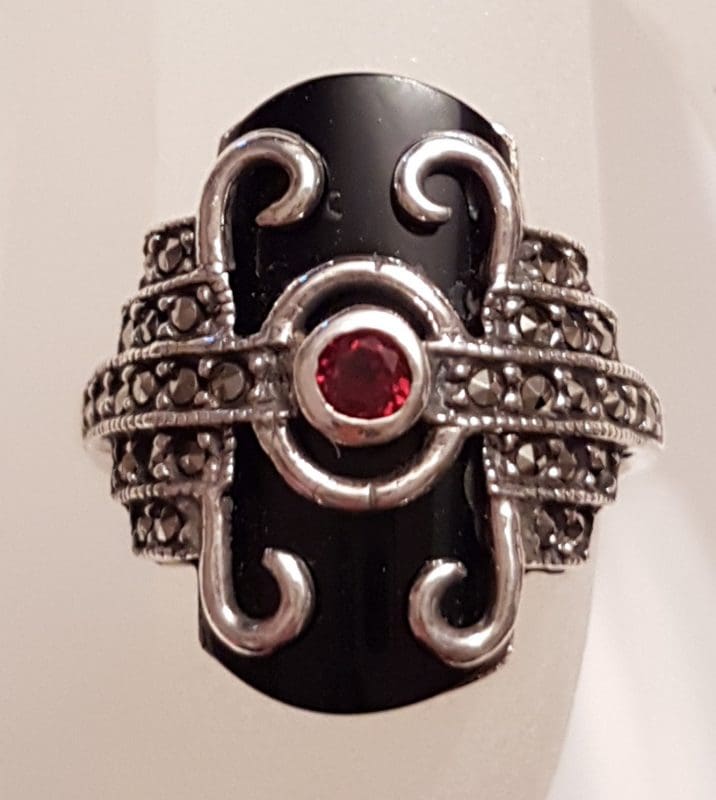 Sterling Silver Marcasite, Garnet &amp; Onyx Ring - Art Deco Style