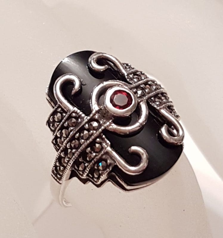 Sterling Silver Marcasite, Garnet &amp; Onyx Ring - Art Deco Style