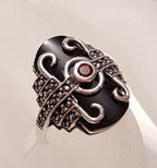 Sterling Silver Marcasite, Garnet &amp; Onyx Ring - Art Deco Style