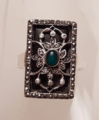 Sterling Silver Marcasite, Green Agate / Onyx &amp; Black Onyx Ornate Filigree Ring - Art Deco Style