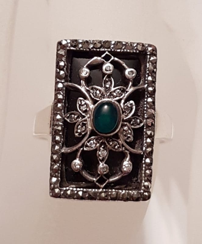 Sterling Silver Marcasite, Green Agate / Onyx &amp; Black Onyx Ornate Filigree Ring - Art Deco Style