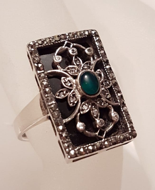 Sterling Silver Marcasite, Green Agate / Onyx &amp; Black Onyx Ornate Filigree Ring - Art Deco Style