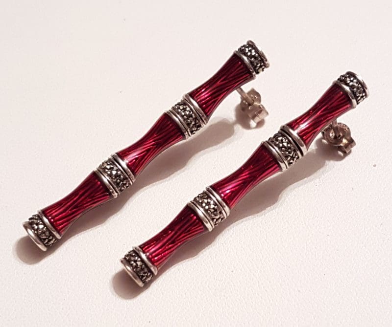 Sterling Silver Marcasite &amp; Red Enamel Long Bamboo Style Earrings