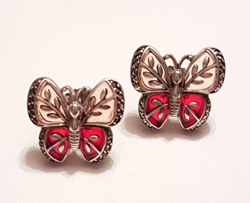 Sterling Silver Marcasite &amp; Red and Pink Enamel Butterfly Stud Earrings