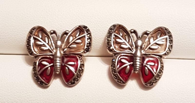 Sterling Silver Marcasite &amp; Red and Pink Enamel Butterfly Stud Earrings