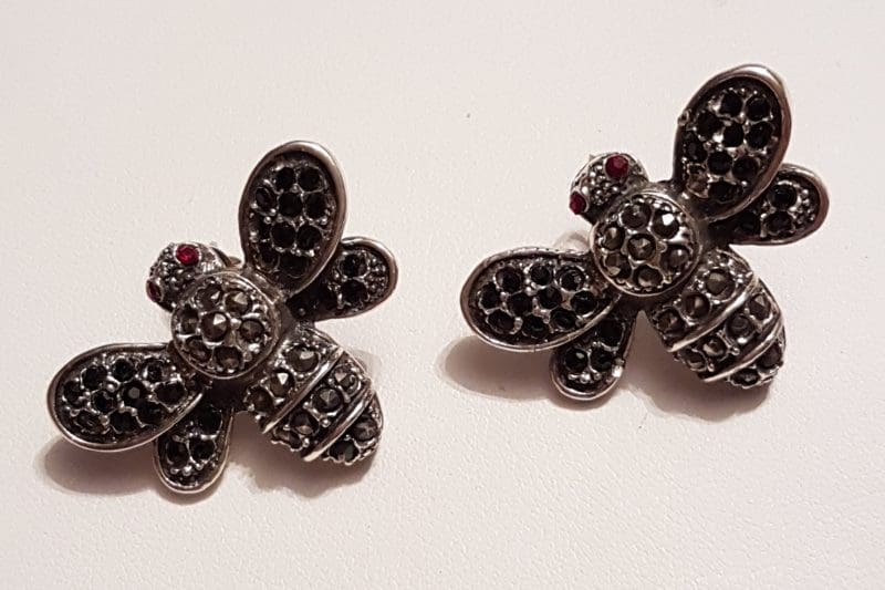 Sterling Silver Marcasite &amp; Cubic Zirconia Large Butterfly Studs Earrings - Available in Black or Clear
