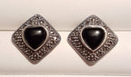 Sterling Silver Marcasite &amp; Onyx Heart Stud Earrings