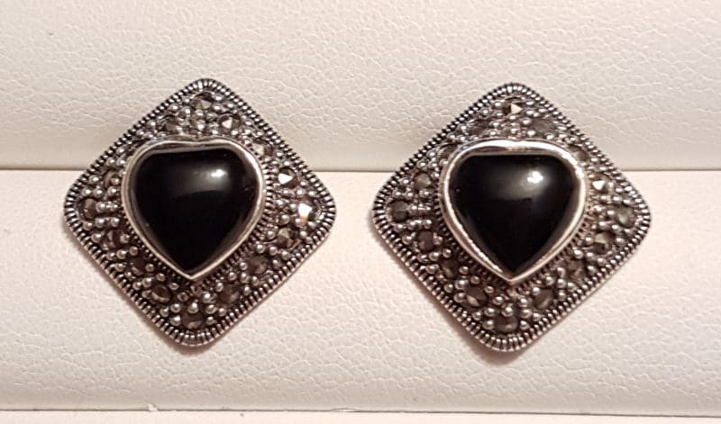 Sterling Silver Marcasite &amp; Onyx Heart Stud Earrings