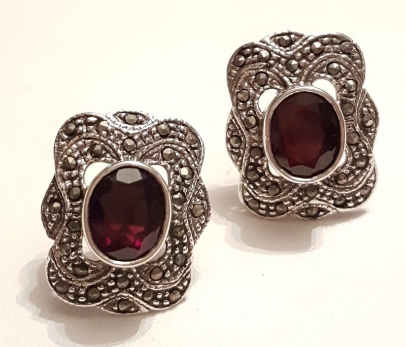 Sterling Silver Marcasite &amp; Garnet Large Ornate Studs Earrings