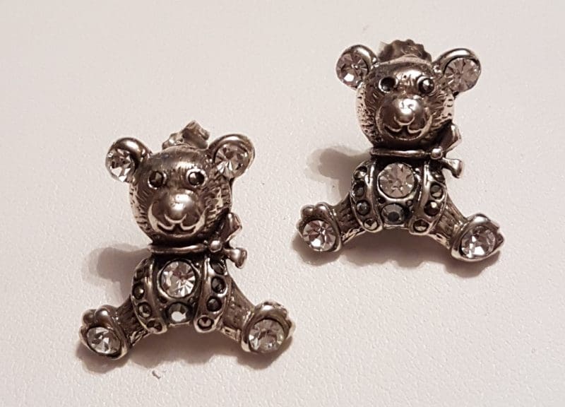 Sterling Silver Marcasite Large Teddy Bear Studs Earrings - Available in Purple or Clear