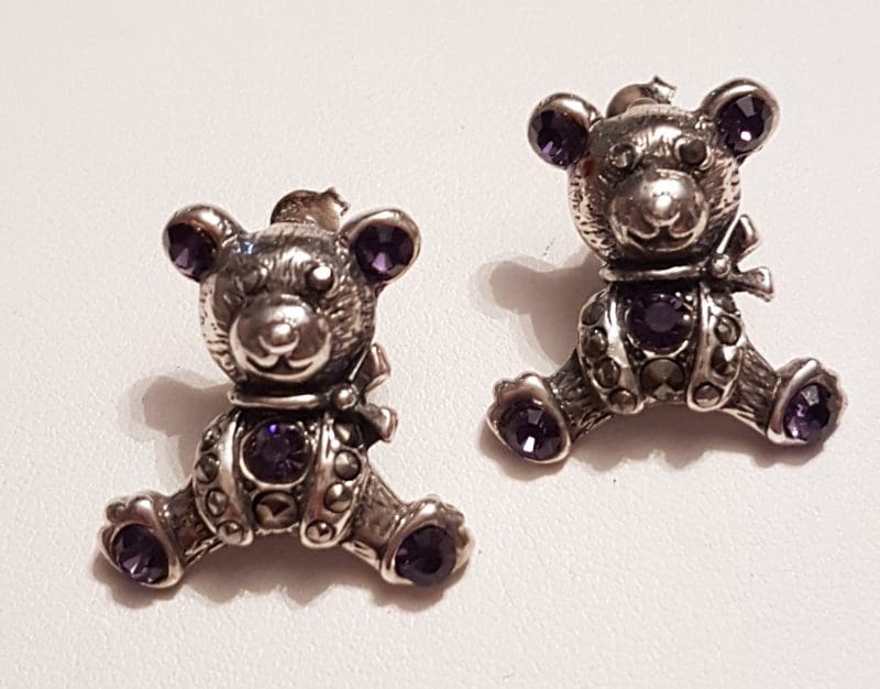Sterling Silver Marcasite Large Teddy Bear Studs Earrings - Available in Purple or Clear