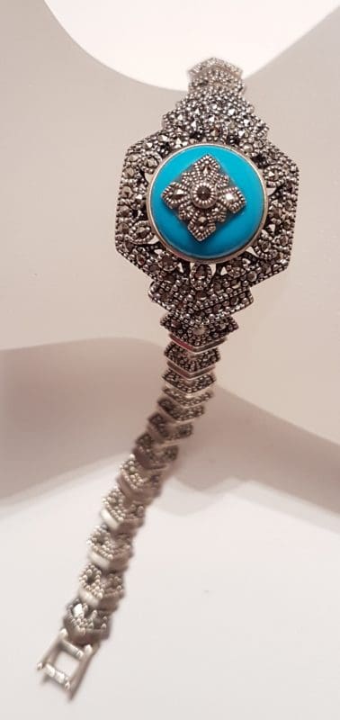 Sterling Silver Marcasite &amp; Recon. Turquoise Ornate Hexagonal Bracelet