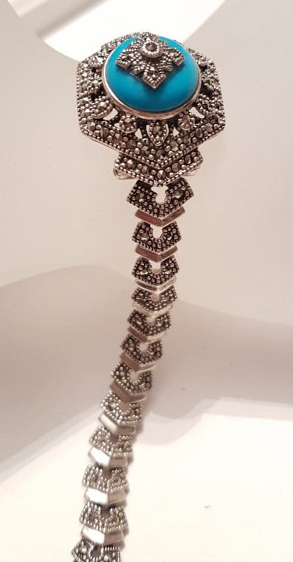 Sterling Silver Marcasite &amp; Recon. Turquoise Ornate Hexagonal Bracelet