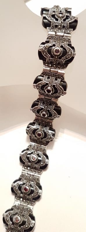 Sterling Silver Marcasite, Onyx &amp; Garnet Art Deco Style Bracelet