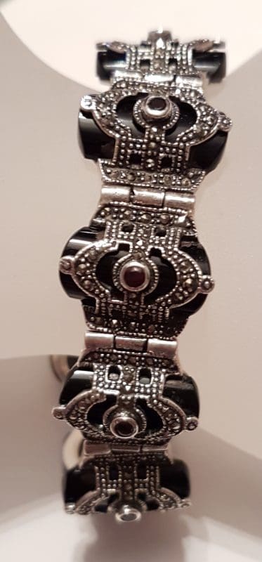 Sterling Silver Marcasite, Onyx &amp; Garnet Art Deco Style Bracelet